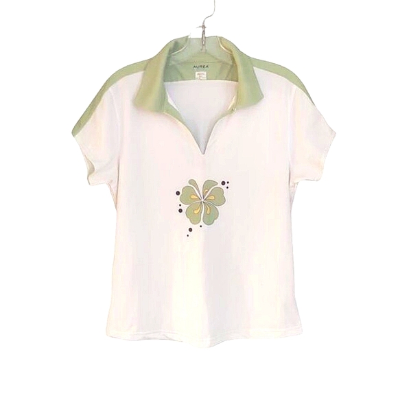 AUREA Dri-Max | White and Green Golf Shirt Hibiscus Flower | Women's Large - Picture 1 of 10